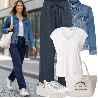 Outfit s Krémová/Bílá Tričko/Jednoduchý top/Tričko s vodopádovým výstřihem/Muskulární Tričko/Košilový top/Tričko s krátkým rukávem/Krátký top/Tričko s grafikou/Pánské boty/Zavinovací Tričko Vila "Jarní Outfit"