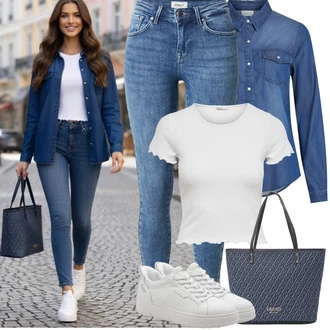 Coachella Outfit s Tmavě modrá/Modrá/Světle modrá Džínsová Blůza Vila "Jarní Outfit"Look: Bar, Výročí, Biřmování, Párty, Koncert, Večeře, Bazén, Galavečer, Matriční Úřad, 18. narozeniny, Coachella, Popový koncert, Narozeniny