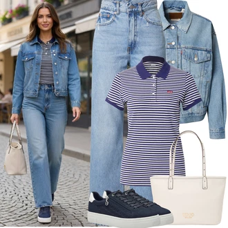 90tá léta, Styl Outfit s Světle modrá/Modrá Džín s Širokou Nohavicí/Formální Košile/Mom Jean/Džíny s Rozparkem/Dad Džíny/Džíny Culottes/Vintage džíny/High Waist Džínové Kalhoty/Džíny Volného Střihu Dr. Denim "Jarní Outfit"Look: 90tá léta, Old Money