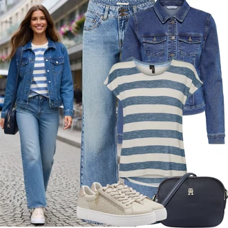 Výstřih do V Outfit s Šedá/Světle modrá/Modrá Pruhované Tričko VERO MODA "Jarní Outfit"