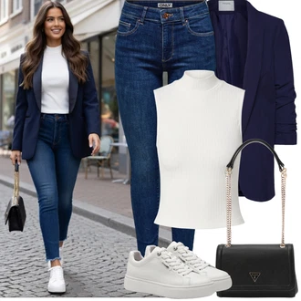 Rave Outfit s Šedá/Krémová/Bílá/Stříbrný Teniska na platformě/Nízká Teniska/Kožené Tenisky/Úzká Teniska Tamaris "Jarní Outfit"Look: Bar, Pohřeb, Galavečer, Rave, Škola, Svatba, Koncert