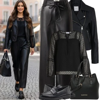 Výstřih do V Outfit s Černá/Žlutá Dětská hračka/Průhledná blůza/Kožená bunda/Rozverná blůza/Halenka s Nafouknutým Rukávem Vila "Jarní Outfit"