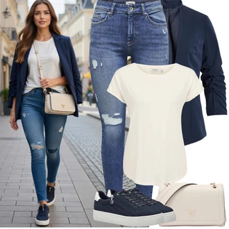 Outfit s Modrá/Tmavě modrá/Světle modrá Nízká Teniska/Teniska s dírkovaným vzorem/Letní Tenisky/Teniska na platformě/Úzká Teniska/Tenisky s Bočním Zipem/Kožené Tenisky Tamaris "Jarní Outfit"