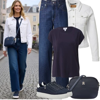 Outfit s Modrá/Tmavě modrá/Světle modrá Nízká Teniska/Teniska s dírkovaným vzorem/Letní Tenisky/Teniska na platformě/Úzká Teniska/Tenisky s Bočním Zipem/Kožené Tenisky Tamaris "Jarní Outfit"
