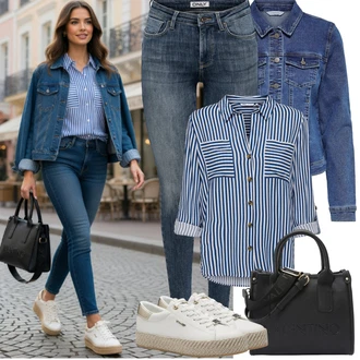 Outfit s Tmavě modrá/Modrá/Světle modrá Džínové Bund/Krátké Džínové Bundičky Only "Jarní Outfit"