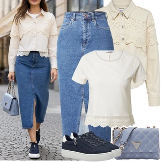 Výstřih do V Outfit s Krémová/Bílá/Béžová Krajkový Top/Krajkový Top/Krajkované tričko/Krátký top/Síťované tričko/Pletený top/Pletené tričko/Košilový top About You "Jarní Outfit"