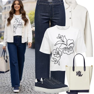 Outfit s Modrá/Tmavě modrá/Světle modrá Teniska s dírkovaným vzorem/Letní Tenisky/Teniska na platformě/Úzká Teniska/Tenisky s Bočním Zipem/Kožené Tenisky/Nízká Teniska Tamaris "Jarní Outfit"