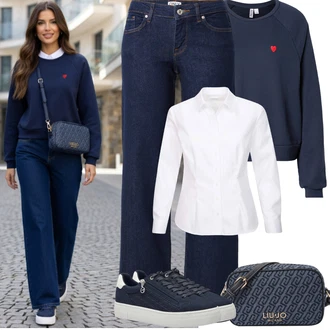 Outfit s Modrá/Tmavě modrá/Světle modrá Teniska s dírkovaným vzorem/Letní Tenisky/Teniska na platformě/Úzká Teniska/Tenisky s Bočním Zipem/Kožené Tenisky/Nízká Teniska Tamaris "Jarní Outfit"