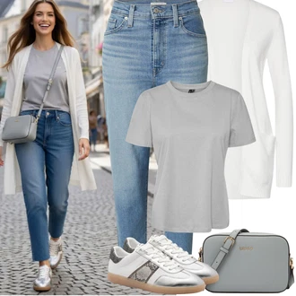 Výstřih do V Outfit s Šedá/Krémová/Bílá/Khaki Pletenina veľkej veľkosti Vila, Šedá/Světle šedá Mužské běžecké boty/Pletené tričko/Tréninkové tričko/Tričko/Funkční tričko VERO MODA "Jarní Outfit"