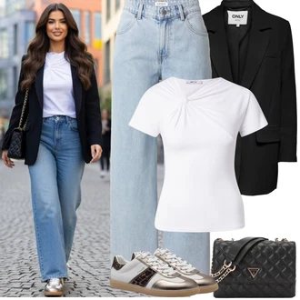90tá léta Outfit s Světle modrá Džín s Širokou Nohavicí/Vintage džíny/High Waist Džínové Kalhoty/Džíny Volného Střihu/Kožená Pánská Bund/Mom Jean/Dad Džíny/Plisované Džíny/Baggy Džíny/Džíny Culottes Edited "Jarní Outfit"Look: 90tá léta, Univerzitní, Old Money