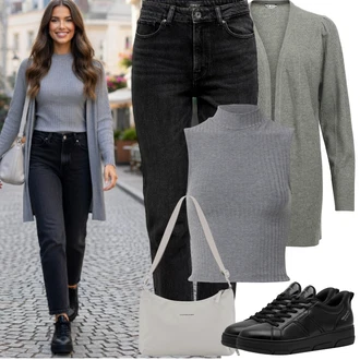 Coachella Outfit s Šedá/Tmavě šedá/Hnědá/Světle šedá Krátký Top/Tílko s ořezem/Pletený top/Pletené tričko/Pánské boty/Roláková Košile Edited "Jarní Outfit"Look: Bar, Koncert, Coachella