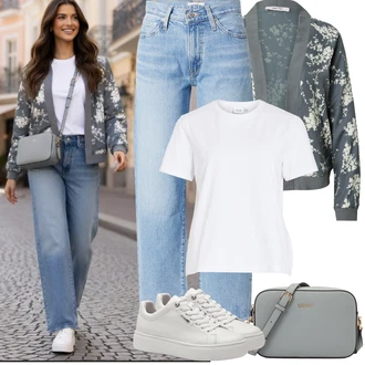 Rave Outfit s Šedá/Krémová/Bílá/Stříbrný Teniska na platformě/Nízká Teniska/Kožené Tenisky/Úzká Teniska Tamaris "Jarní Outfit"Look: Bar, Pohřeb, Galavečer, Rave, Škola, Svatba, Koncert