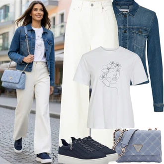 Outfit s Modrá/Tmavě modrá/Světle modrá Nízká Teniska/Teniska s dírkovaným vzorem/Letní Tenisky/Teniska na platformě/Úzká Teniska/Tenisky s Bočním Zipem/Kožené Tenisky Tamaris "Jarní Outfit"