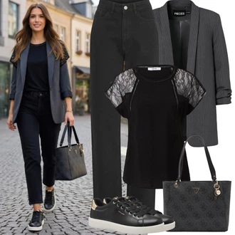 Outfit s Černá/Červená Síťované tričko About You "Jarní Outfit"