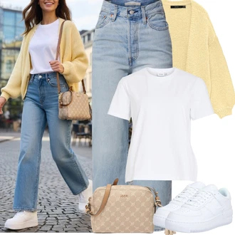 90tá léta, Styl Outfit s Světle modrá/Modrá Vintage džíny/Džíny Volného Střihu/Džín s Širokou Nohavicí/Džíny s Rozparkem/Kožená Pánská Bund/Kožená Pánská Bund/Mom Jean/Dad Džíny/Džíny Culottes levi's ® "Jarní Outfit"Look: Styl, 90tá léta, Old Money