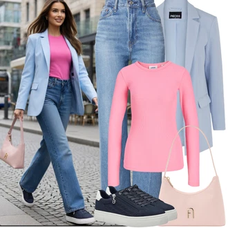 Outfit s Modrá/Tmavě modrá/Světle modrá Nízká Teniska/Teniska s dírkovaným vzorem/Letní Tenisky/Teniska na platformě/Úzká Teniska/Tenisky s Bočním Zipem/Kožené Tenisky Tamaris "Jarní Outfit"