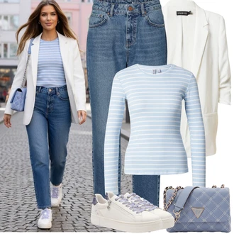 90tá léta Outfit s Modrá/Světle modrá Dad Džíny/Boyfriend Džínové kalhoty/High Waist Džínové Kalhoty/Zužující se Džíny/Mom Jean/Girlfriend Džíny Noisy may "Jarní Outfit"Look: Styl, 90tá léta, Ležérní, Cool, Elegantní, Krásný, Old Money