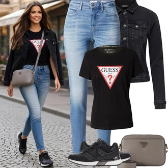 Outfit s Černá/Červená/Růžová/Zelená/Tmavě červená Mužské běžecké boty/Neformální tričko/Fancy tričko/Těhotenské tričko/Košile s potiskem/Tričko s krátkým rukávem/Sportovní tričko/Tričko s potiskem Guess "Jarní Outfit"