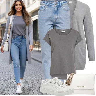 Výstřih do V Outfit s Šedá/Světle šedá Pletenina veľkej veľkosti Vila, Šedá/Světle šedá/Tmavě šedá/Hnědá Tričko/Jednoduchý top/Mužské běžecké boty/Neformální tričko/Pletené tričko/Košilový top/Tričko s krátkým rukávem/Krátký top/Zavinovací Tričko Vila "Jarní Outfit"