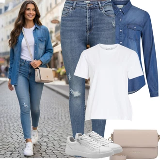 Coachella Outfit s Tmavě modrá/Modrá/Světle modrá Džínsová Blůza Vila "Jarní Outfit"Look: Bar, Výročí, Biřmování, Párty, Koncert, Večeře, Bazén, Galavečer, Matriční Úřad, 18. narozeniny, Coachella, Popový koncert, Narozeniny