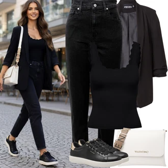 90tá léta Outfit s Černá Mom Jean/Dad Džíny/Zužující se Džíny/Girlfriend Džíny/Plisované Džíny/High Waist Džínové Kalhoty/Zkrácené Džíny/Džíny s Rozparkem levi's ® "Jarní Outfit"Look: Styl, Mom, 90tá léta, Cool, Krásný, Old Money, Venkovní