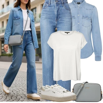 Outfit s Stříbrný/Bílá/Šedá/Krémová Tričko/Jednoduchý top/Mužské běžecké boty/Tričko s vodopádovým výstřihem/Pletené tričko/Síťované tričko/Tričko s krátkým rukávem/Krátký top/Zavinovací Tričko VERO MODA "Jarní Outfit"