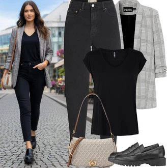 Outfit s Černá Krátký top/Tričko s grafikou/Pánské boty/Tričko/Jednoduchý top/Neformální tričko/Tričko s vodopádovým výstřihem/Muskulární Tričko Pieces "Jarní Outfit"
