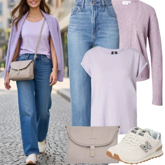 Výstřih do V Outfit s Fialová Mužské běžecké boty/Tričko s krátkým rukávem/Jednoduchý top/Funkční tričko/Tričko nadměrné velikosti/Krátký top/Sportovní tričko/Košilový top/Muskulární Tričko VERO MODA "Frühlings Outfit"