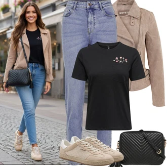 Outfity z džínu Elegantní s Černá/Hnědá/Bílá Ledvinka/Klasická Taška Přes Rameno/Malá Taška/Taška na telefon/Brašna/Sportovní Taška Přes Rameno About You "Jarní Outfit"Look: Rad, 20 léta, Šik, Elegantní, Cool, Disko, Old Money