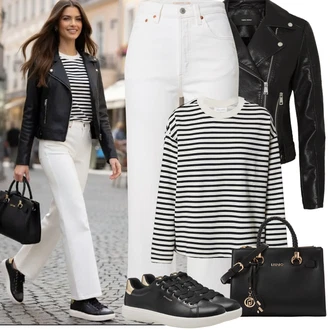 Sexy Outfit s Tmavě modrá/Bílá/Hnědá VERO MODA "Jarní Outfit"Look: Šik, Splývavé, S Mokrým Vzhledem, Francouzské, Krásný, Egirl, Sexy, Moderní, Disko, Cool