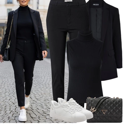 Kombinace Elegantní Černá Kalhoty se Štěrbinou/Tregíny/Obleková Kalhoty/Kalhoty s Vysokým Pasem/Strečová Kalhoty/Úzká Kalhoty/Business Kalhoty/Skinny Kalhoty FreequentLook: Emo, Elegantní, Kancelář, Old Money, Venkovní