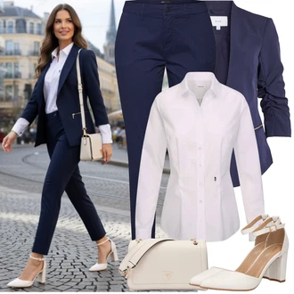 Elegantní, Ležérní Outfit s Tmavě modrá Only, Bílá/Krémová Letní Bota/Sandál s podpatkem/Pohodlná lodička/Boty Mary Jane/Sandál Na Širokém Podpatku/Přezková bota/Lodička s T-páskem/Sandál Na Podpatku/Vintage Lodička About You "Jarní outfit"Look: Emo, Elegantní, Cool, Kancelář, Old Money, Venkovní, Ležérní, Šik