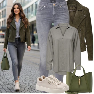 Outfity na podzim Krásný s Šedá/Světle šedá Jeggings/Džínové Legíny/Skinny Kalhoty VERO MODA "Jarní Outfit"Look: Styl, Cool, Disko, Krásný, Old Money, Bezešvé