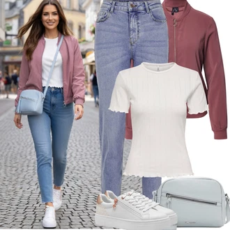 90tá léta Outfit s Světle modrá Mom Jean/Dad Džíny/Boyfriend Džínové kalhoty/High Waist Džínové Kalhoty/Navlékací džíny/Zužující se Džíny/Girlfriend Džíny/Kožená Pánská Bund/Vintage džíny/Zkrácené Džíny Pieces "Jarní Outfit"Look: Emo, Styl, 90tá léta, Ležérní, Cool, Krásný, Old Money