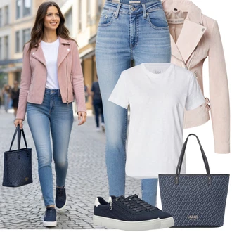 Outfit s Modrá/Tmavě modrá/Světle modrá Nízká Teniska/Teniska s dírkovaným vzorem/Letní Tenisky/Teniska na platformě/Úzká Teniska/Tenisky s Bočním Zipem/Kožené Tenisky Tamaris "Jarní Outfit"