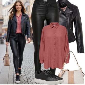 Motorka Outfit s Černá/Červená Bunda z Umělé Kůže/Motorkářská bunda/Motorkářské Bund Only "Jarní Outfit"Look: Motorka
