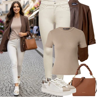 Outfit s Bílá/Béžová/Khaki Kožená bunda/Kožené Boty/Slim Fit Džíny/Push up Džín/Džíny s Nízkým Sedem/Džín s Nízkým Pasem/Termální Džíny/Džíny s Rozparkem/Motorkářské Džíny Only "Jarní Outfit"
