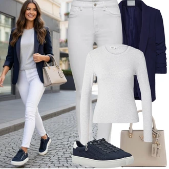 Outfit s Modrá/Tmavě modrá/Světle modrá Nízká Teniska/Teniska s dírkovaným vzorem/Letní Tenisky/Teniska na platformě/Úzká Teniska/Tenisky s Bočním Zipem/Kožené Tenisky Tamaris "Jarní Outfit"
