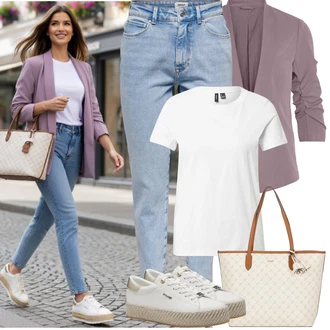 Outfit s Bílá/Krémová/Šedá Tričko/Mužské běžecké boty/Neformální tričko/Fancy tričko/Funkční tričko/Košile s potiskem/Tričko s krátkým rukávem/Sportovní tričko VERO MODA "Jarní Outfit"