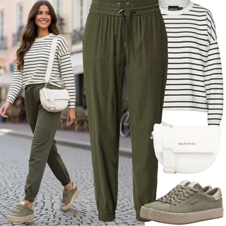 Léto Outfit s Khaki/Tmavě zelená Navlékací Kalhoty/Mrkvová Kalhoty/Jogger Kalhoty/Tradiční Kalhoty/Baggy Kalhoty/Harémová Kalhoty/Mušelínové kalhoty/Ležérní Kalhoty/Paperbag Kalhoty Only "Jarní Outfit"