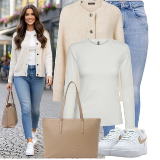 Outfity na podzim Krásný s Světle modrá Džínové Legíny/Jeggings/Skinny Kalhoty Only, Khaki/Béžová/Hnědá/Oranžová Pletenina veľkej veľkosti Selected "Lehké jarní outfit"Look: Styl, 90tá léta, Cool, Disko, Krásný, Old Money, Bezešvé, Francouzské, Mom, Kancelář, Chytrý příležitostný, Univerzitní