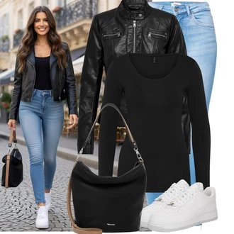 Krátká Outfit s Černá/Červená Motorkářské Bund/Kožené Bund/Motorkářská bunda/Bunda z Umělé Kůže Only "Lehké jarní outfit"