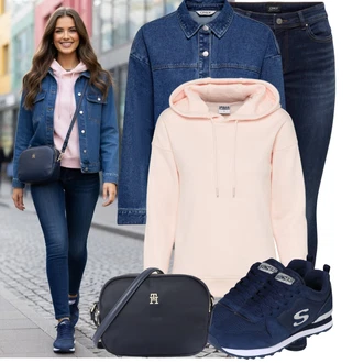 Outfit s Modrá/Tmavě modrá/Světle modrá Teniska teddy/Letní tenisky/Teniska se zapínáním na suchý zip/Úzká teniska/Nízká Teniska/Vintage teniska Skechers "Lehké jarní outfit"
