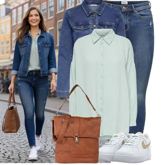 Outfity na podzim Krásný s Modrá/Tmavě modrá/Světle modrá Kožená bunda/Navlékací džíny/Kožené bundy/Džíny s Nízkým Sedem/Džín s Nízkým Pasem/Džíny s Dírou/Džíny s Rozparkem/Push up Džín/Kožené Boty/Kotníková Bota Only, Hnědá/Béžová Obchodní Taška/Taška/Taška Na Notebook/Taška na Macbook/Taška Na Notebook/Kancelářská Taška/Brašna/Sportovní Taška Přes Rameno About You "Módní outfit pro volný čas"Look: Cool, Disko, Krásný, Old Money, Bezešvé, Boho, Safari, Western