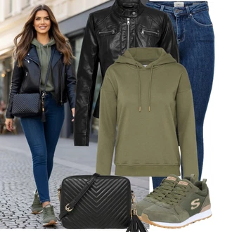 Výstřih do V Outfit s Tmavě zelená/Khaki/Zelená Svetr s límečkem/Svetry 2 v 1/Mikina s polovičním zipem/Svetr s přehozem/Originální mikina/Svetr S Kapucí/Sportovní mikina/Vintage mikina/Svetr s kapucí/Pletená mikina s kapucí/Svetr se zipem/Svetr z Jemné Pleteniny/Basic Svetr/Jednoduchý Svetr About You "Módní outfit pro volný čas"