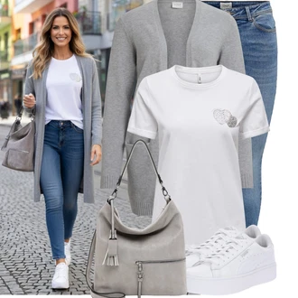 Výstřih do V Outfit s Šedá/Světle šedá Pletenina veľkej veľkosti Vila "Módní outfit pro volný čas"