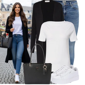 Výstřih do V Outfit s Šedá/Bílá/Krémová Mužské běžecké boty/Pletené tričko/Roláková Košile/Dlouhá košile/Fancy tričko/Tričko s krátkým rukávem/Tričko/Jednoduchý top/Funkční tričko VERO MODA "Módní outfit pro volný čas"