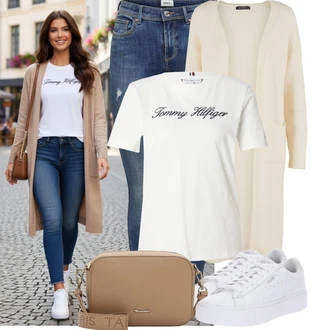 Výstřih do V Outfit s Krémová/Červená/Bílá/Světle modrá/Hnědá Fancy tričko/Tričko s krátkým rukávem Tommy Hilfiger "Módní outfit pro volný čas"