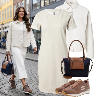 Výstřih do V Outfit s Béžová/Bílá/Khaki/Hnědá Pouzdrové Šaty/Šaty S Rovným Střihem/Tričkové šaty JdY "Módní outfit pro volný čas"