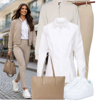 Galavečer Outfit s Bílá/Krémová Businessová Halenka/Blůza s knoflíčkem/Žehlení odolná blůza/Halenka Slim Fit About You "Módní outfit pro volný čas"Look: Bar, Den na pláži, Banka, Biřmování, Galavečer, Opera, Párty, Škola, Křest, Firemní večírek, Zvláštní příležitosti
